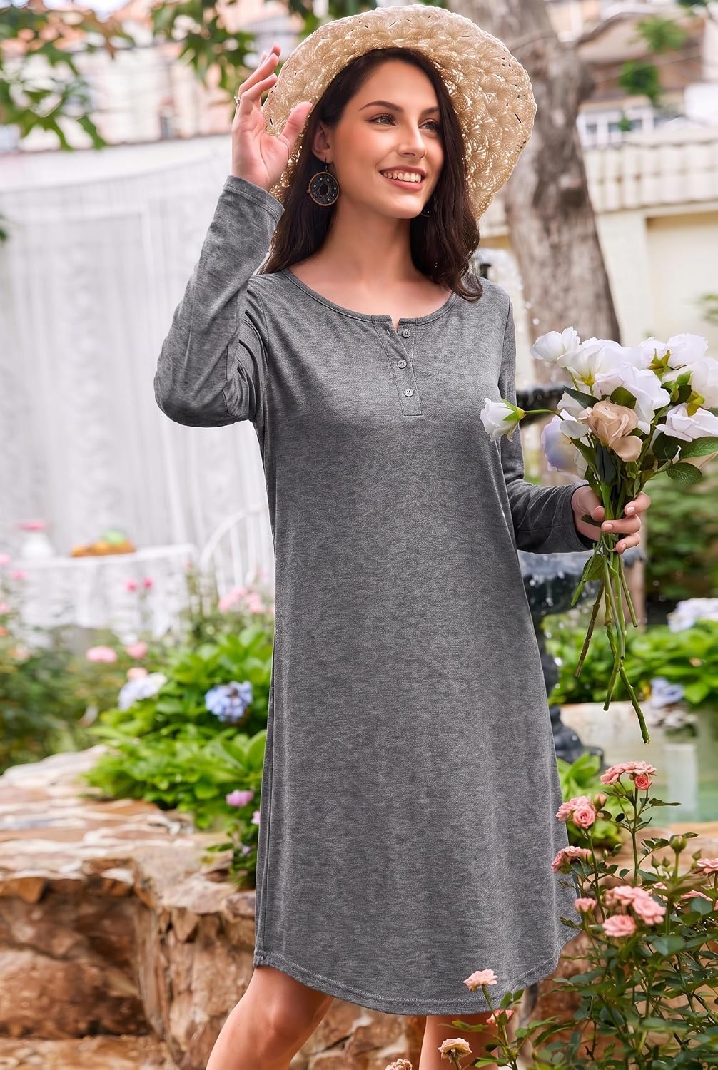 image:imageEkouaer Womens 3 Pack Cotton Nightgowns Long Sleeve Sleep Shirts SleepwearBlack grey cup