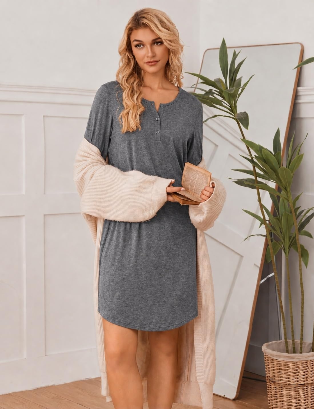 image:imageEkouaer Womens 3 Pack Cotton Nightgowns Long Sleeve Sleep Shirts SleepwearBlack grey leopard