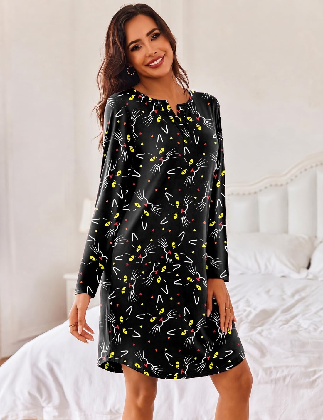 image:imageEkouaer Womens 3 Pack Cotton Nightgowns Long Sleeve Sleep Shirts SleepwearCup butterfly black Cat
