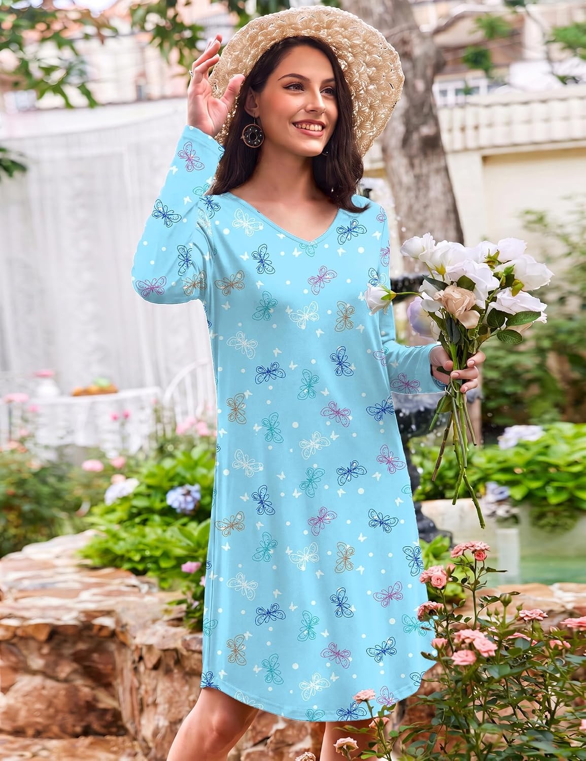 image:imageEkouaer Womens 3 Pack Cotton Nightgowns Long Sleeve Sleep Shirts SleepwearCup butterfly black Cat