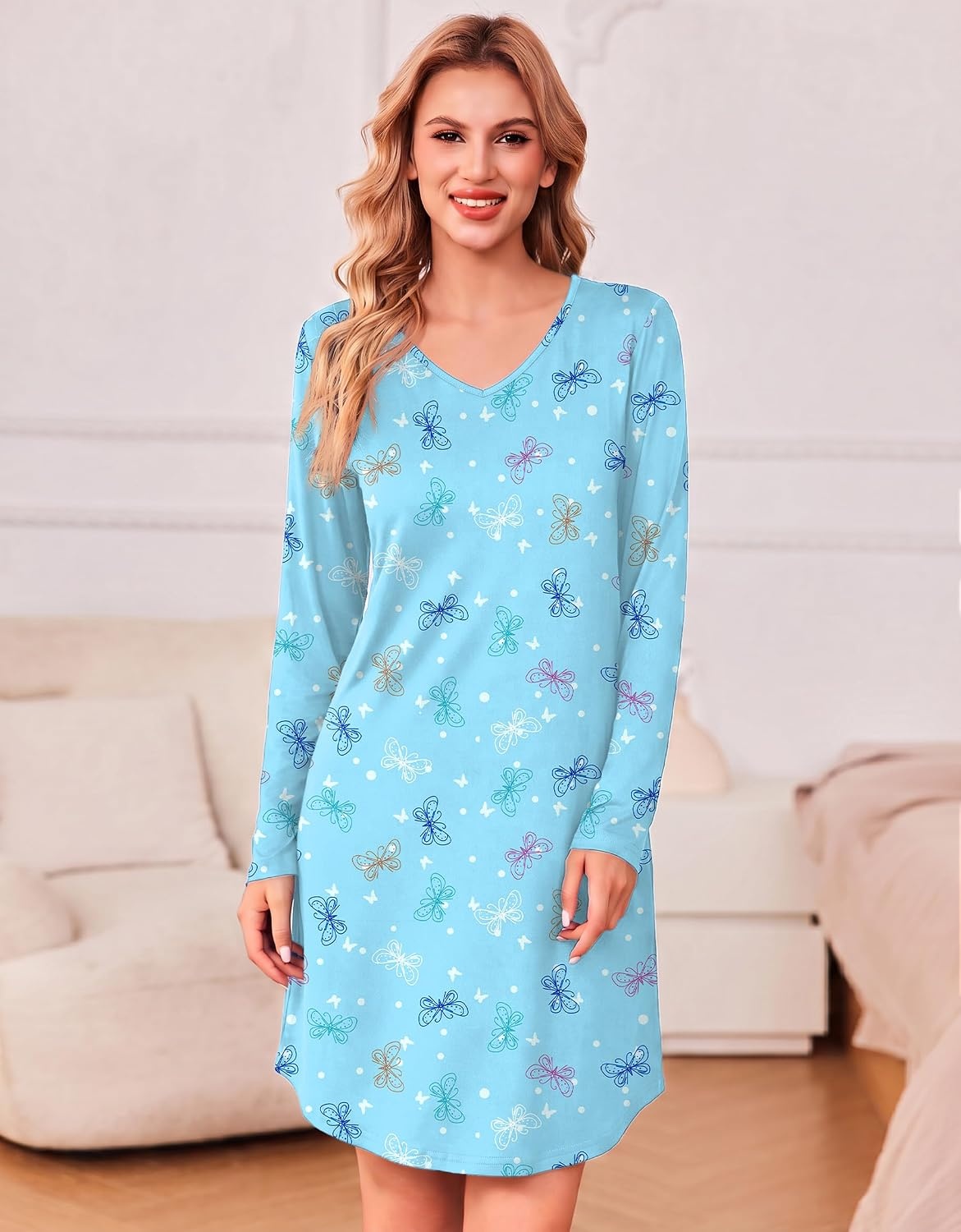 image:imageEkouaer Womens 3 Pack Cotton Nightgowns Long Sleeve Sleep Shirts SleepwearCup butterfly black Cat