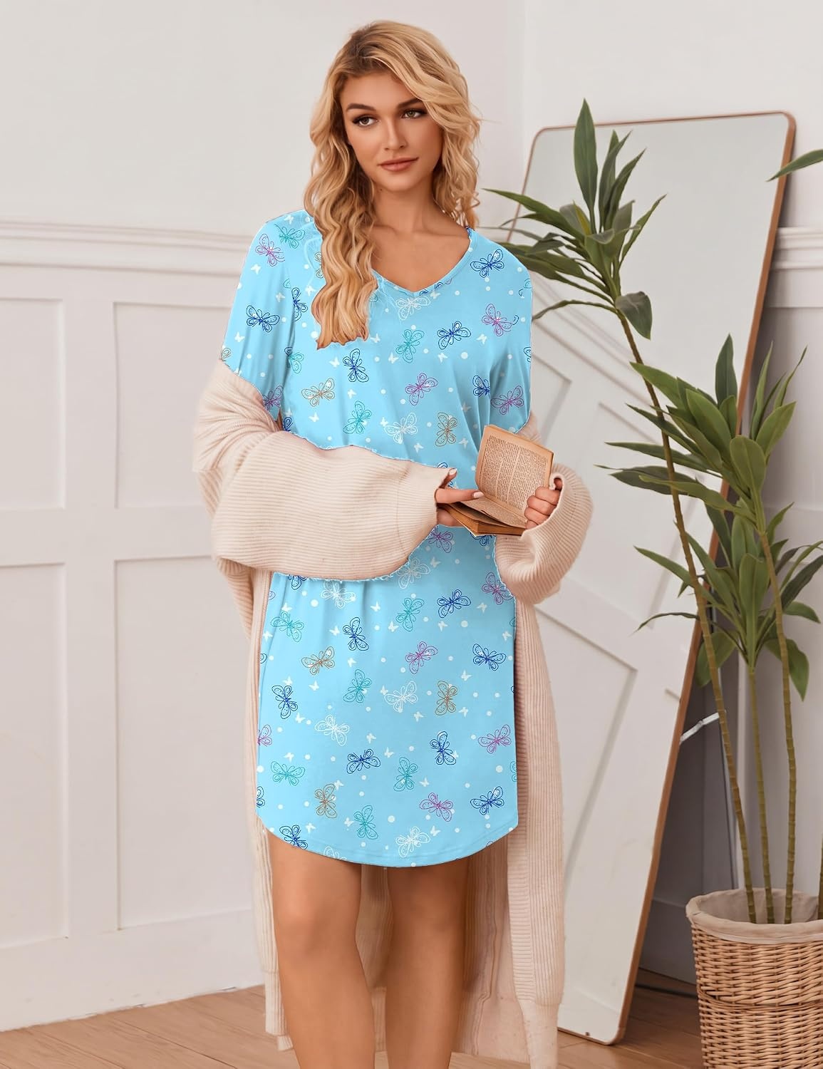 image:imageEkouaer Womens 3 Pack Cotton Nightgowns Long Sleeve Sleep Shirts SleepwearCup butterfly star