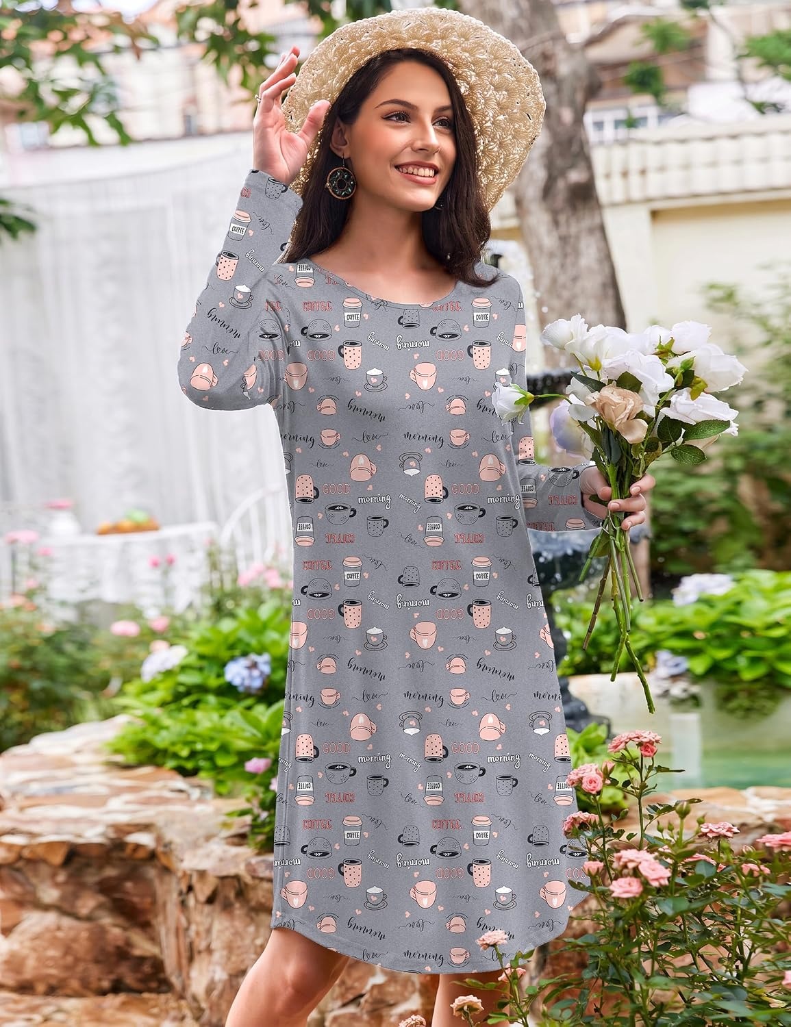image:imageEkouaer Womens 3 Pack Cotton Nightgowns Long Sleeve Sleep Shirts SleepwearCup butterfly star