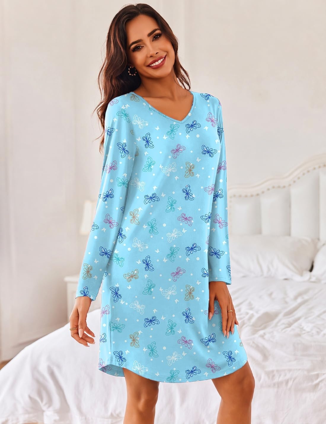 image:imageEkouaer Womens 3 Pack Cotton Nightgowns Long Sleeve Sleep Shirts SleepwearCup butterfly star