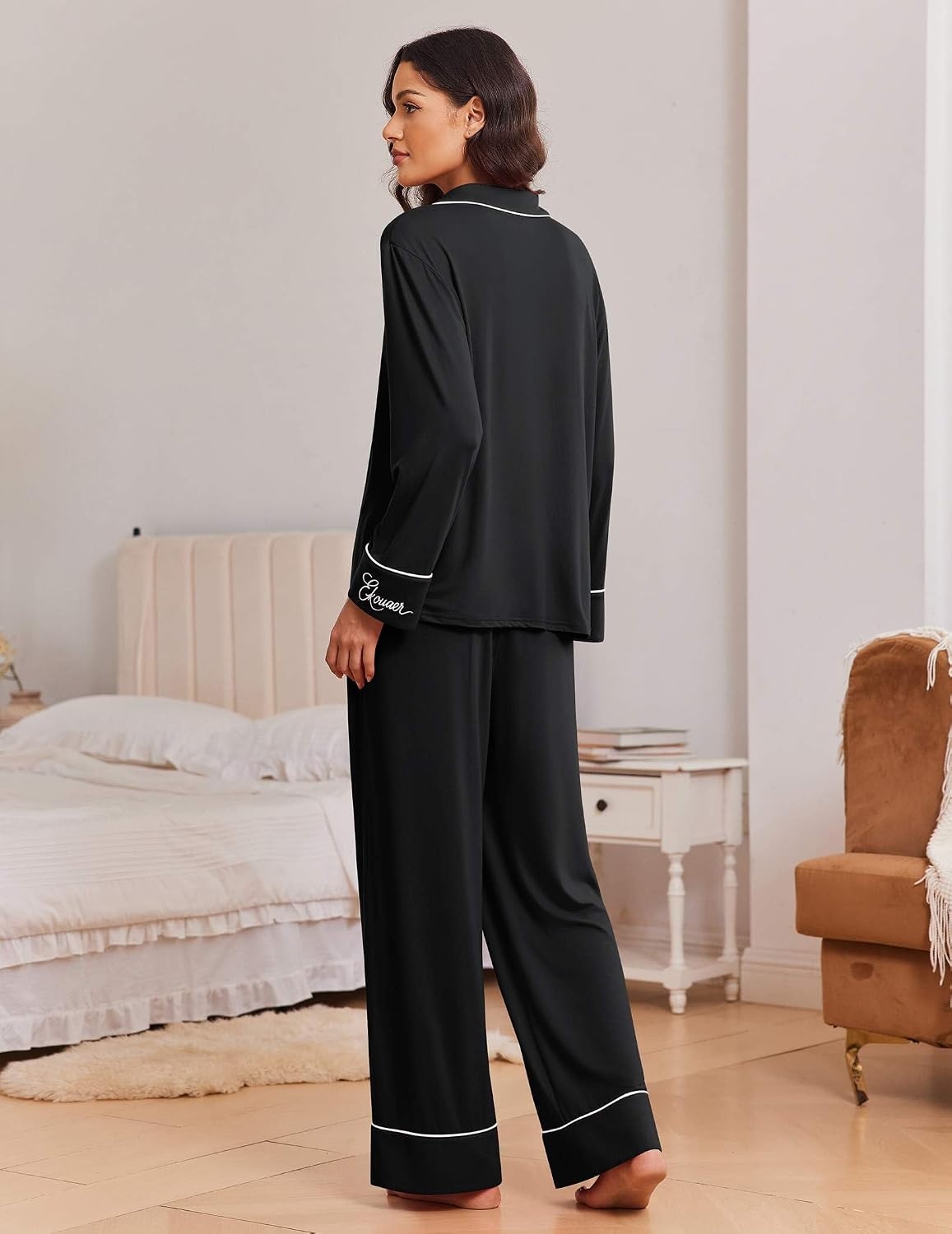 image:imageEkouaer Womens Pajama Sets 2 Piece Lounge Sets Button Down Long Sleeve PjsBlack