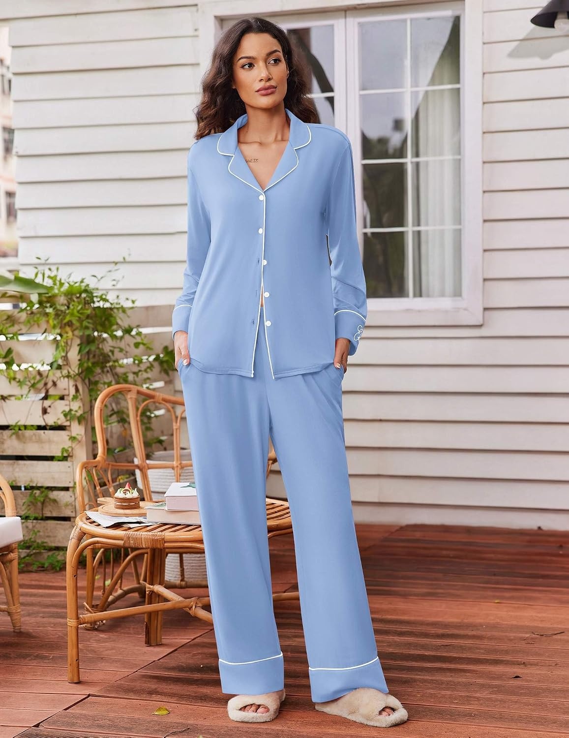 image:imageEkouaer Womens Pajama Sets 2 Piece Lounge Sets Button Down Long Sleeve PjsBlue