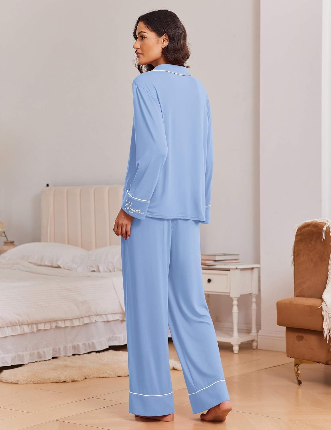 image:imageEkouaer Womens Pajama Sets 2 Piece Lounge Sets Button Down Long Sleeve PjsBlue