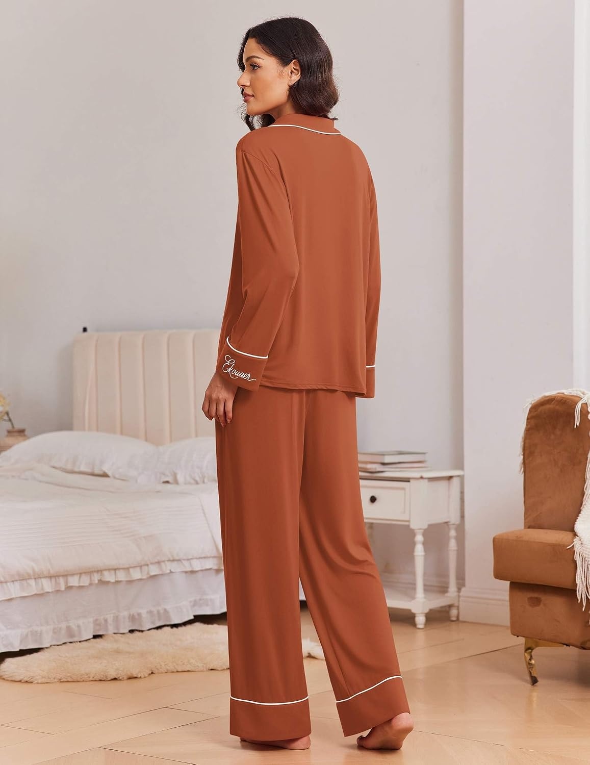 image:imageEkouaer Womens Pajama Sets 2 Piece Lounge Sets Button Down Long Sleeve PjsCaramel