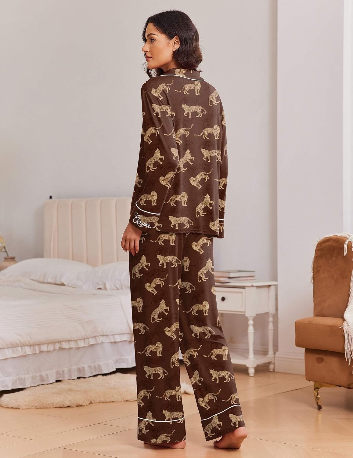 image:imageEkouaer Womens Pajama Sets 2 Piece Lounge Sets Button Down Long Sleeve PjsCheetah