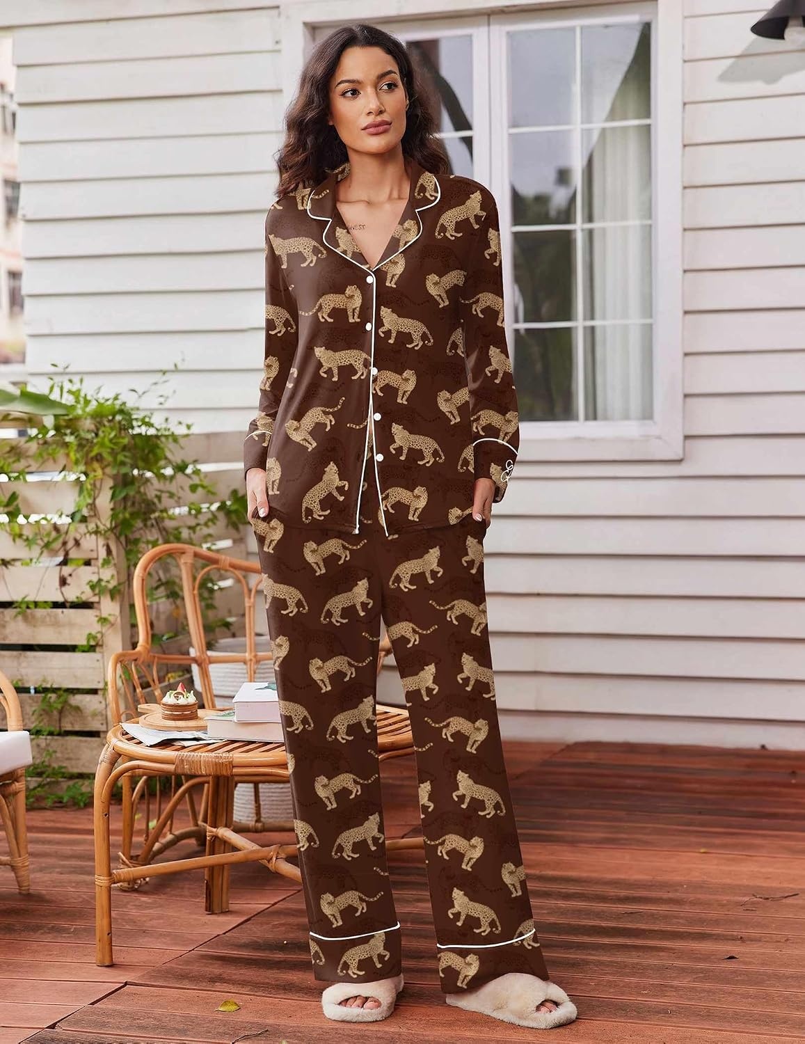 image:imageEkouaer Womens Pajama Sets 2 Piece Lounge Sets Button Down Long Sleeve PjsCheetah