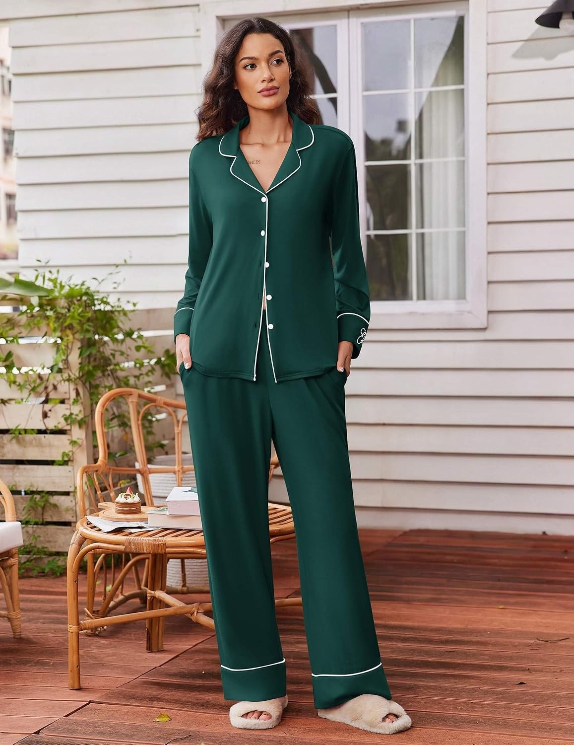 image:imageEkouaer Womens Pajama Sets 2 Piece Lounge Sets Button Down Long Sleeve PjsGreen
