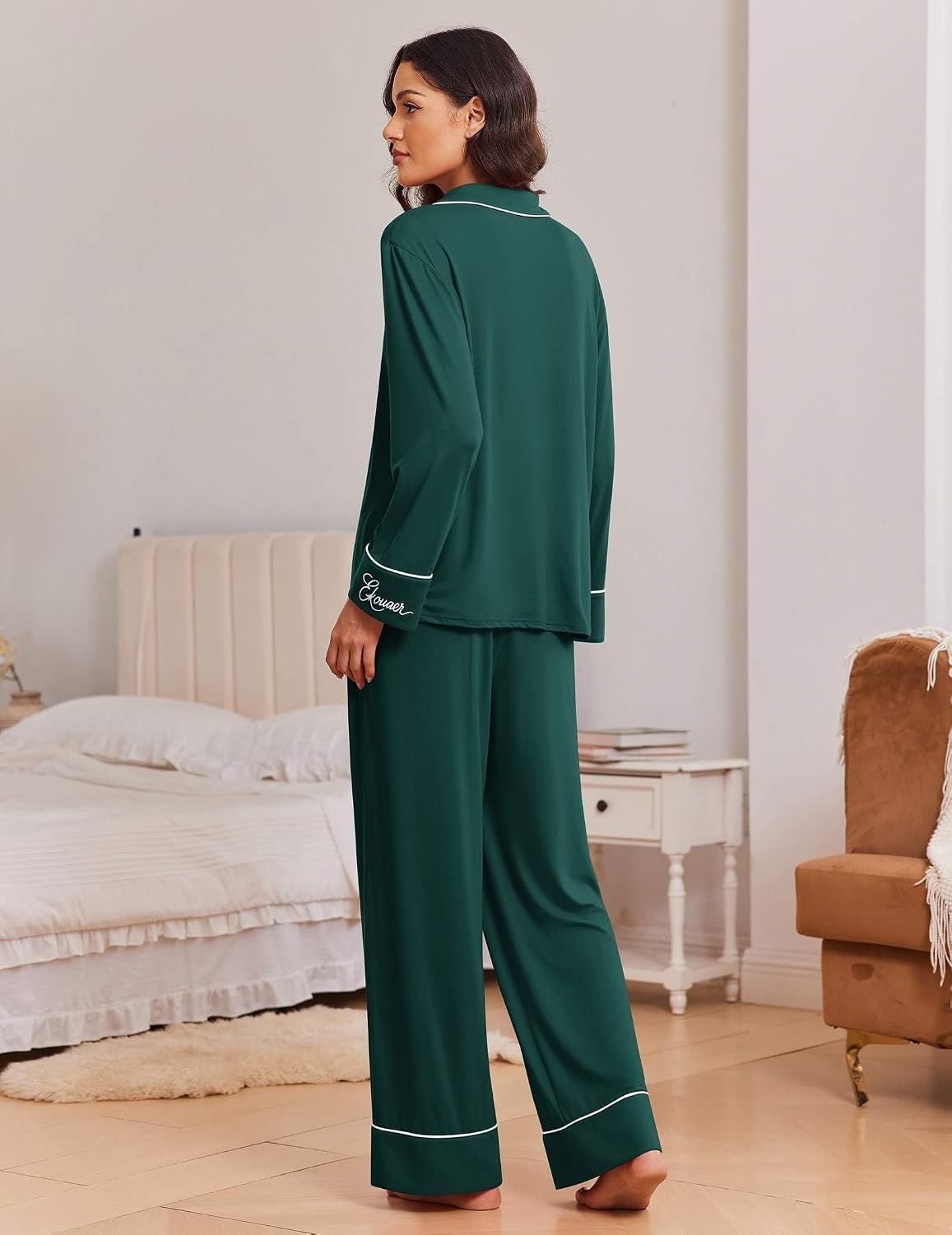 image:imageEkouaer Womens Pajama Sets 2 Piece Lounge Sets Button Down Long Sleeve PjsGreen