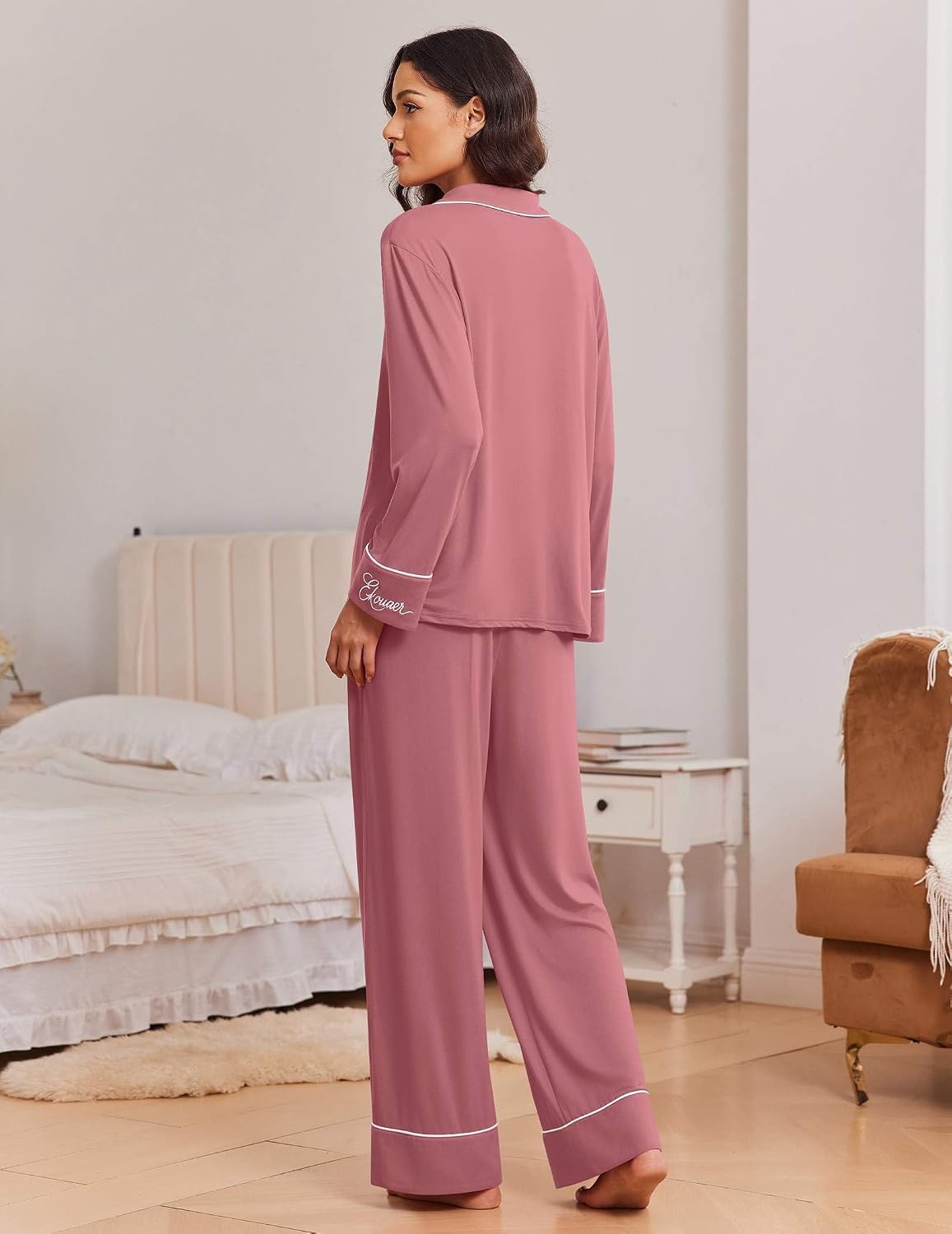 image:imageEkouaer Womens Pajama Sets 2 Piece Lounge Sets Button Down Long Sleeve PjsMauve