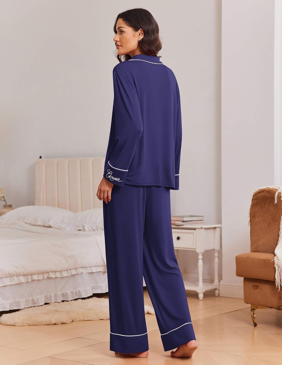 image:imageEkouaer Womens Pajama Sets 2 Piece Lounge Sets Button Down Long Sleeve PjsNavy