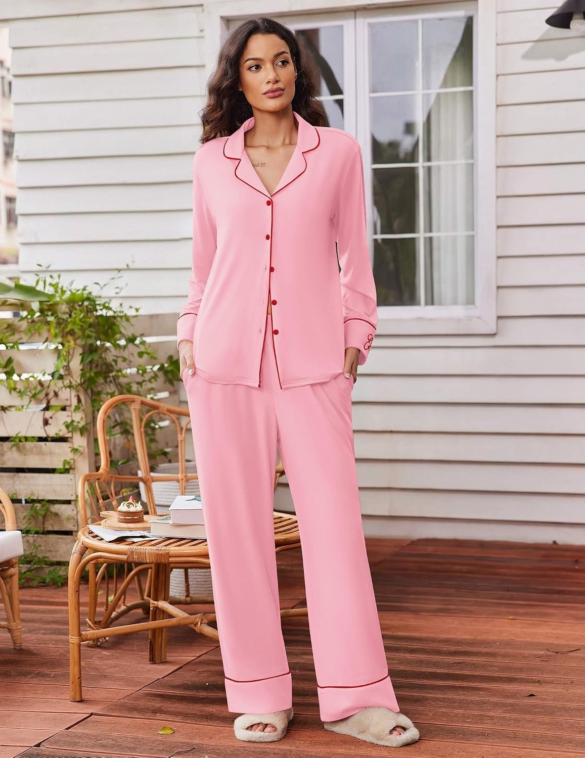 image:imageEkouaer Womens Pajama Sets 2 Piece Lounge Sets Button Down Long Sleeve PjsPink
