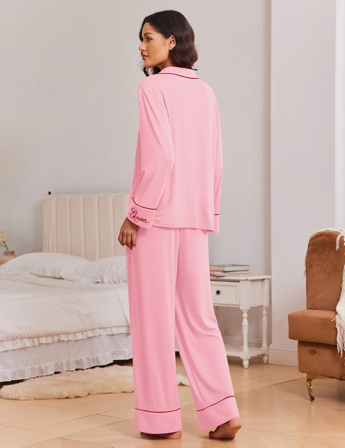 image:imageEkouaer Womens Pajama Sets 2 Piece Lounge Sets Button Down Long Sleeve PjsPink