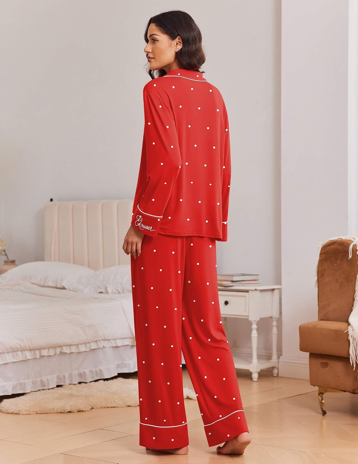 image:imageEkouaer Womens Pajama Sets 2 Piece Lounge Sets Button Down Long Sleeve PjsPolka Dots