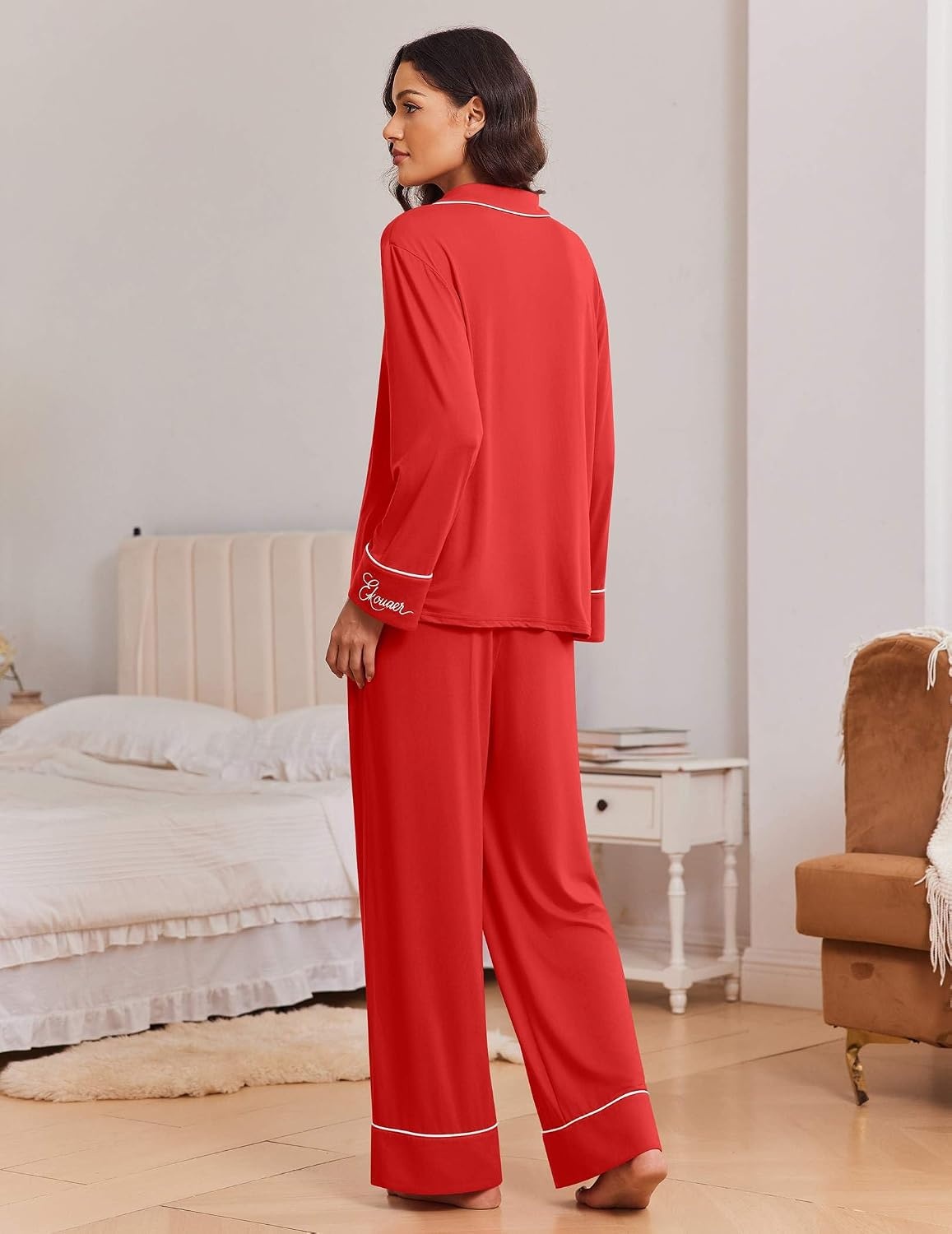 image:imageEkouaer Womens Pajama Sets 2 Piece Lounge Sets Button Down Long Sleeve PjsRed