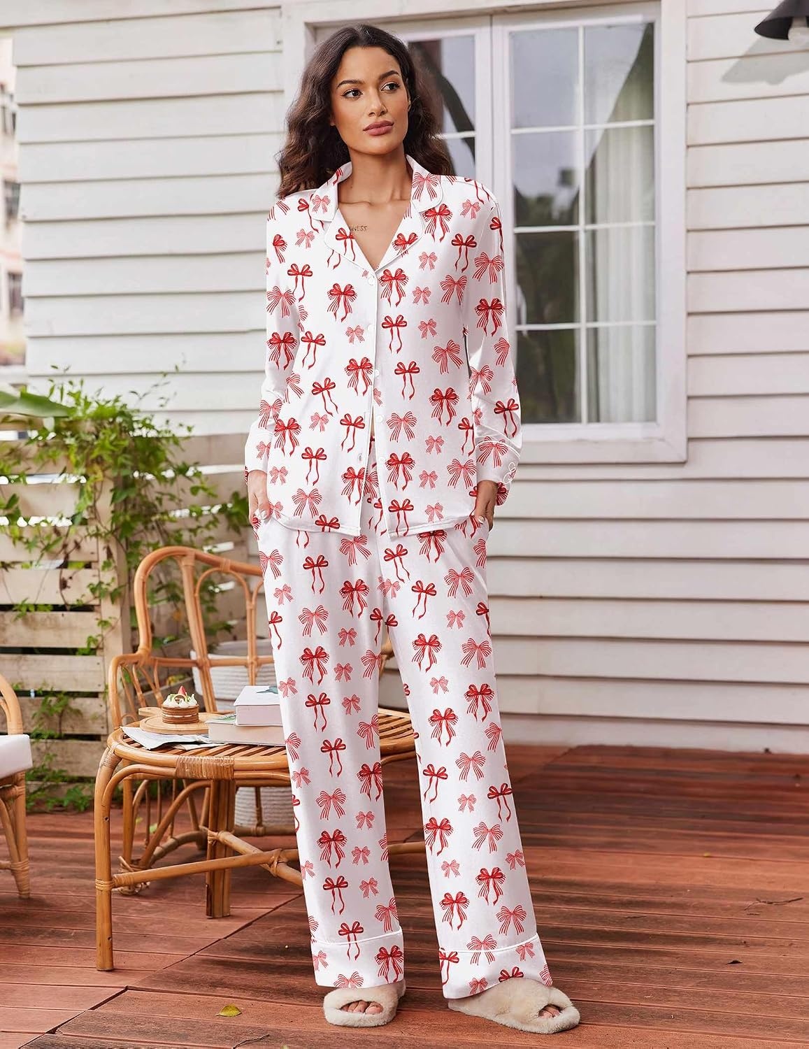 image:imageEkouaer Womens Pajama Sets 2 Piece Lounge Sets Button Down Long Sleeve PjsRed Bow