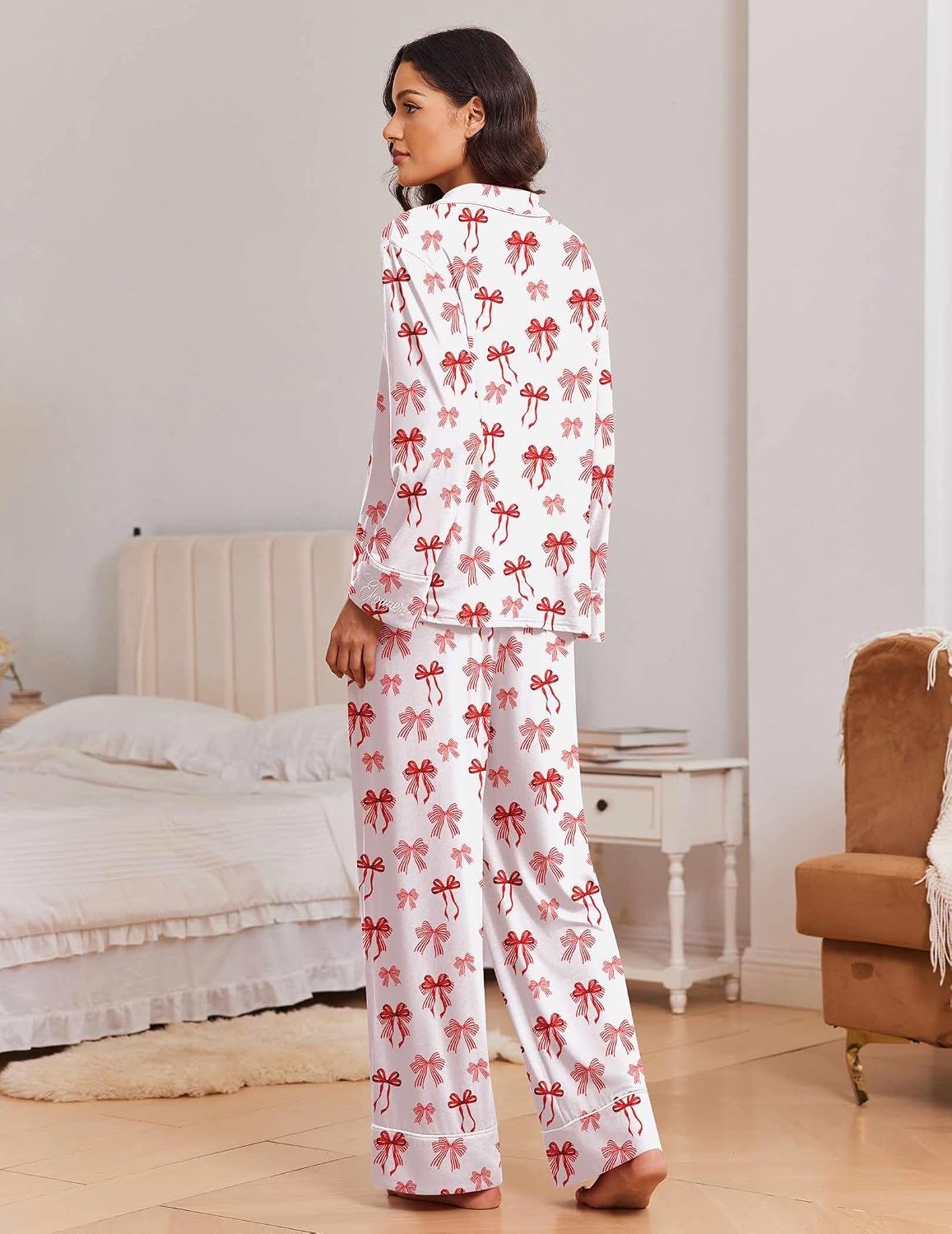 image:imageEkouaer Womens Pajama Sets 2 Piece Lounge Sets Button Down Long Sleeve PjsRed Bow