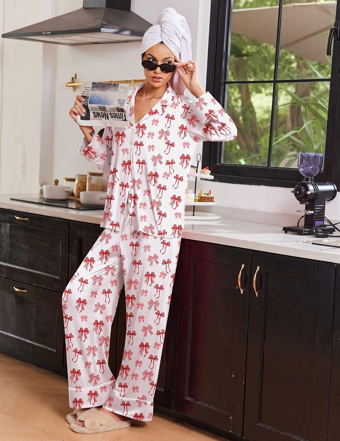 image:imageEkouaer Womens Pajama Sets 2 Piece Lounge Sets Button Down Long Sleeve PjsRed Bow
