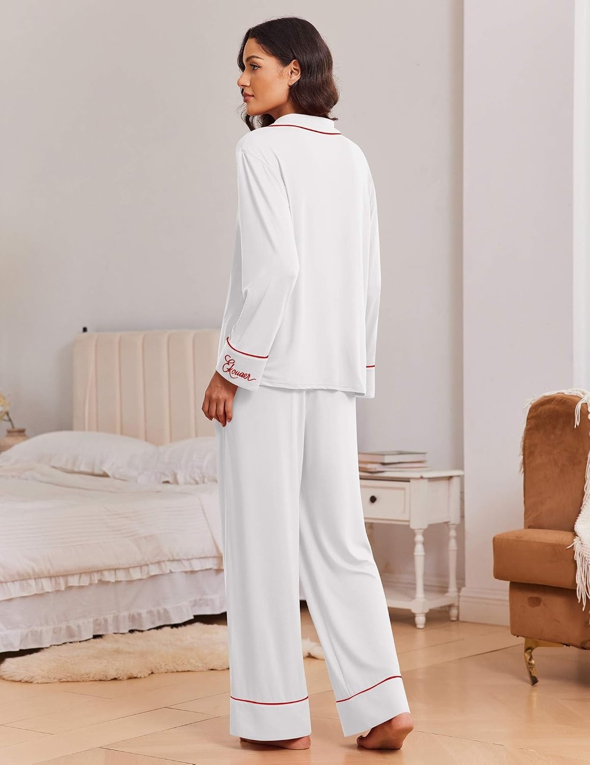 image:imageEkouaer Womens Pajama Sets 2 Piece Lounge Sets Button Down Long Sleeve PjsWhite