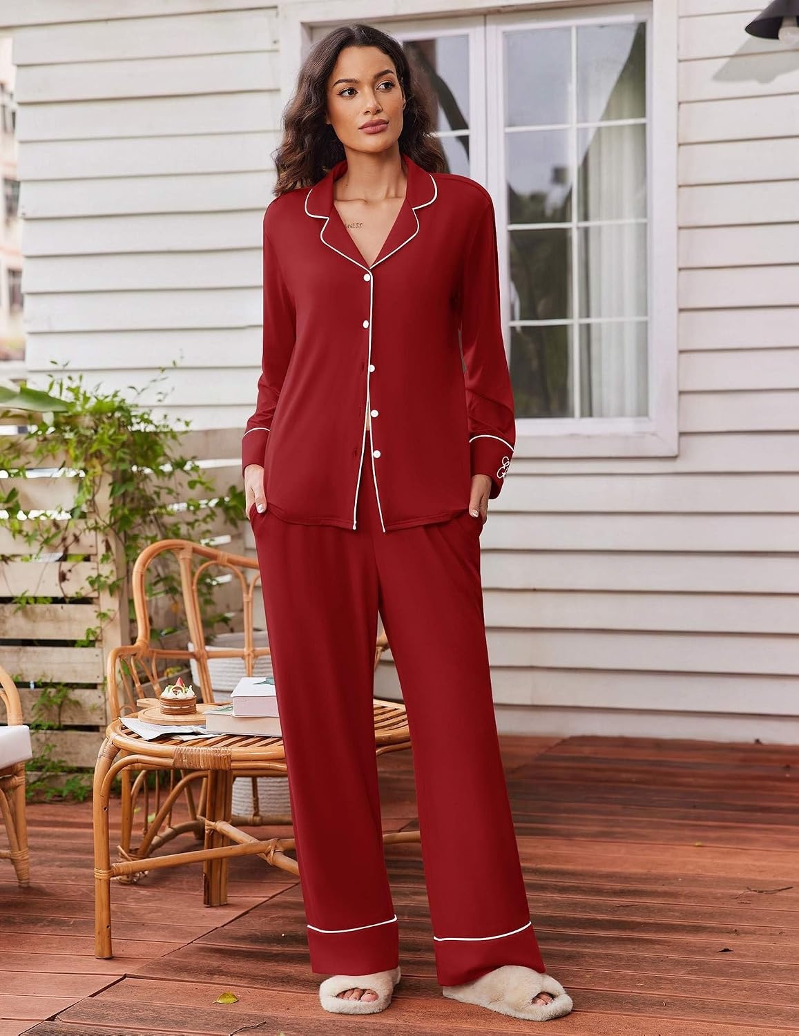 image:imageEkouaer Womens Pajama Sets 2 Piece Lounge Sets Button Down Long Sleeve PjsWine