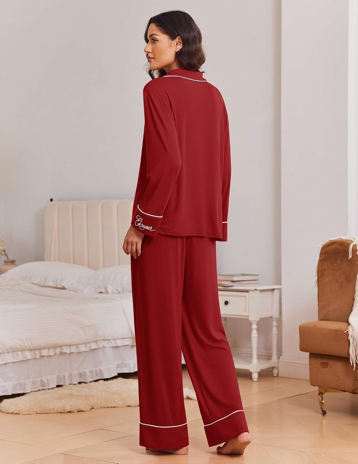 image:imageEkouaer Womens Pajama Sets 2 Piece Lounge Sets Button Down Long Sleeve PjsWine
