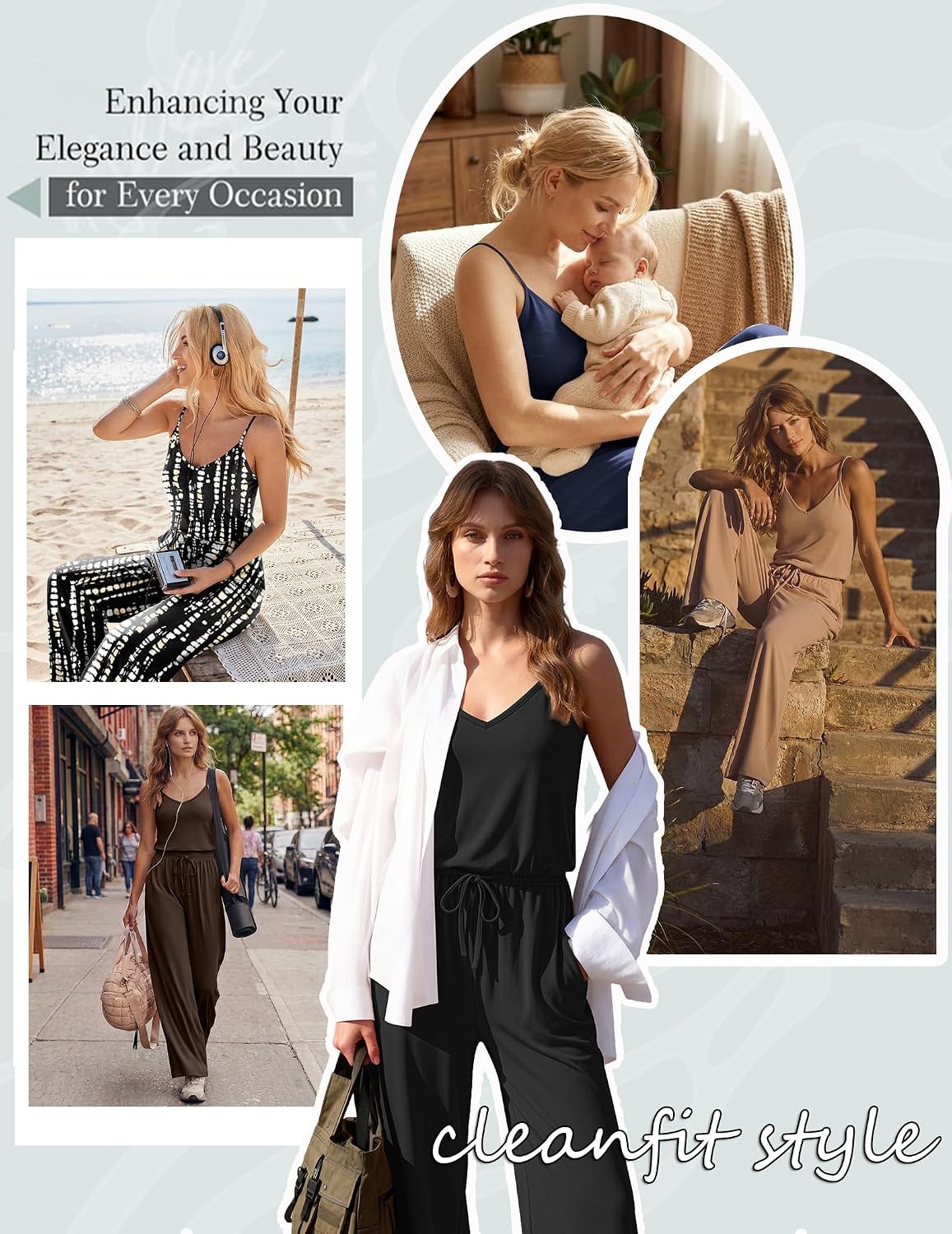 image:imageEkouaer Womens Summer Jumpsuits Dressy V Neck Long Rompers Casual JumperBrown