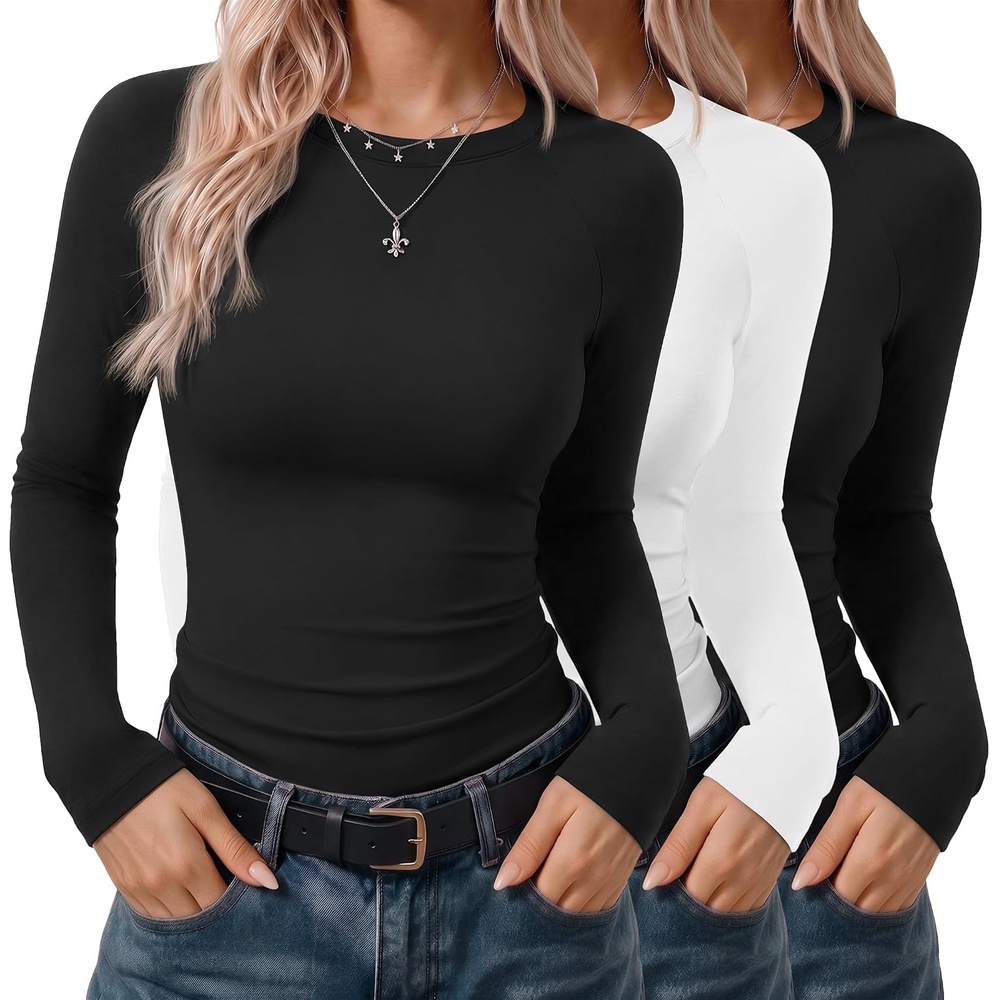 image:imageEkouaer 3 Pack Womens Long Sleeve Raglan Shirts Slim Fit Thermal Tops2 BlackWhite