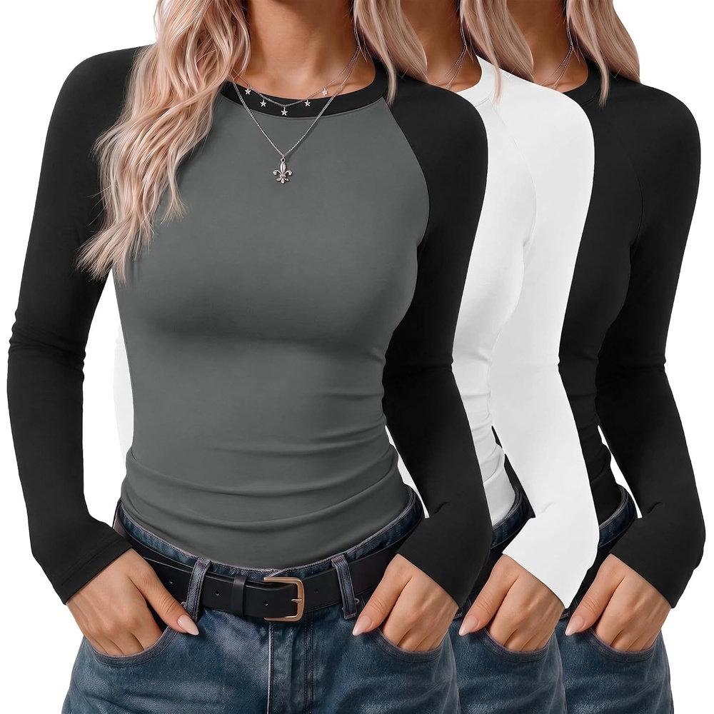 image:imageEkouaer 3 Pack Womens Long Sleeve Raglan Shirts Slim Fit Thermal TopsBlackWhiteBlack Grey Combo