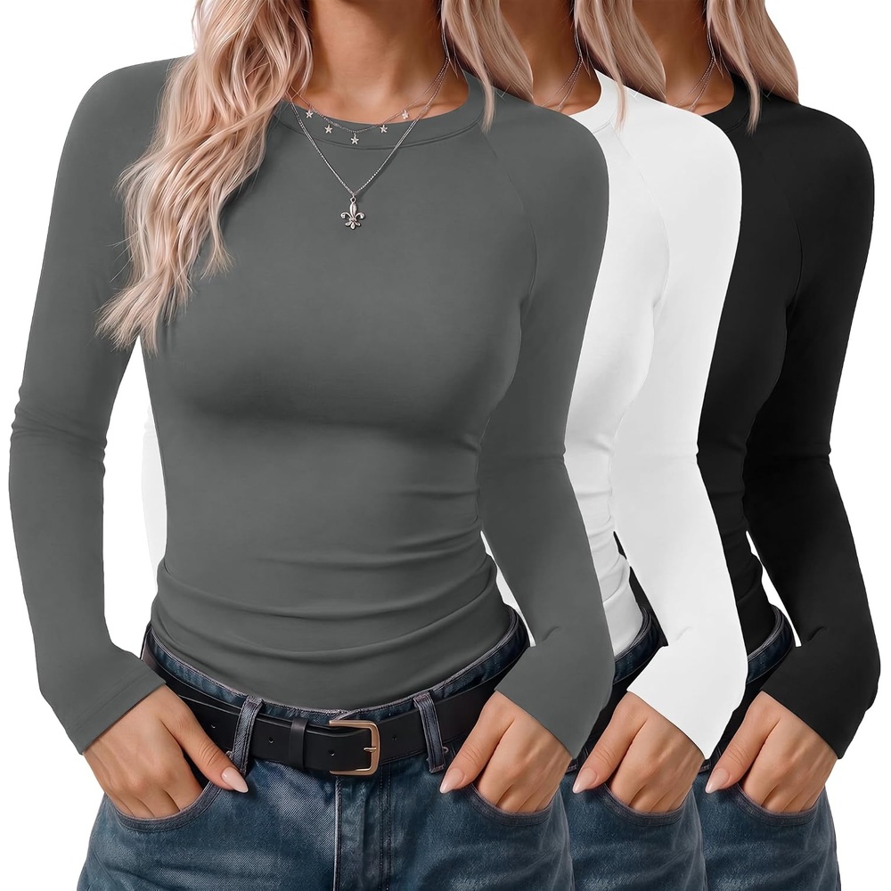 image:imageEkouaer 3 Pack Womens Long Sleeve Raglan Shirts Slim Fit Thermal TopsBlackWhiteDark Grey