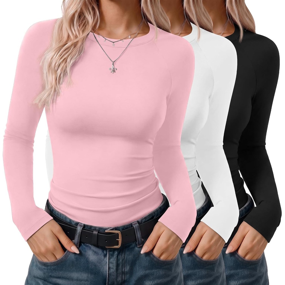 image:imageEkouaer 3 Pack Womens Long Sleeve Raglan Shirts Slim Fit Thermal TopsBlackWhitePink