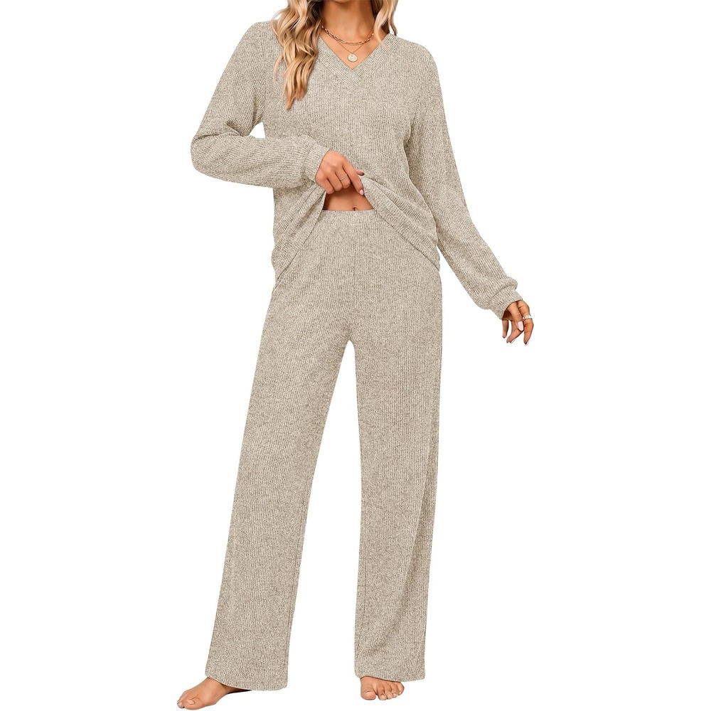 image:imageEkouaer Lounge Sets for Women Long Sleeve 2 Piece Pajamas Set with PocketsKhaki