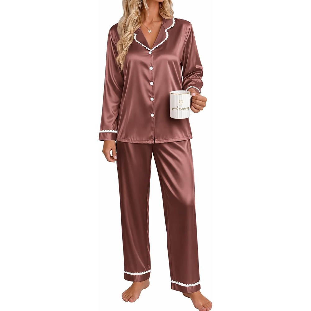 image:imageEkouaer Satin Pajamas for Women Set 2 Piece Silk Pjs Long Sleeve Lounge SetBrown