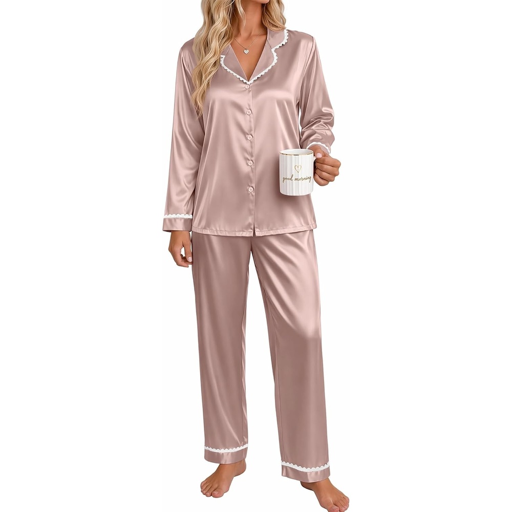 image:imageEkouaer Satin Pajamas for Women Set 2 Piece Silk Pjs Long Sleeve Lounge SetChampagne