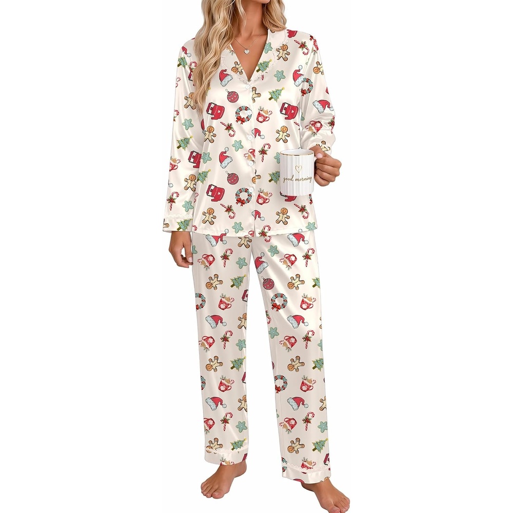 image:imageEkouaer Satin Pajamas for Women Set 2 Piece Silk Pjs Long Sleeve Lounge SetCream Christmas Pattern