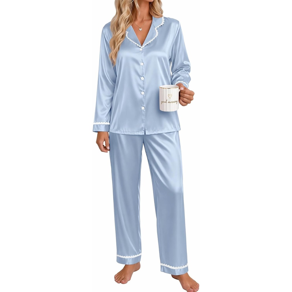 image:imageEkouaer Satin Pajamas for Women Set 2 Piece Silk Pjs Long Sleeve Lounge SetLight Blue