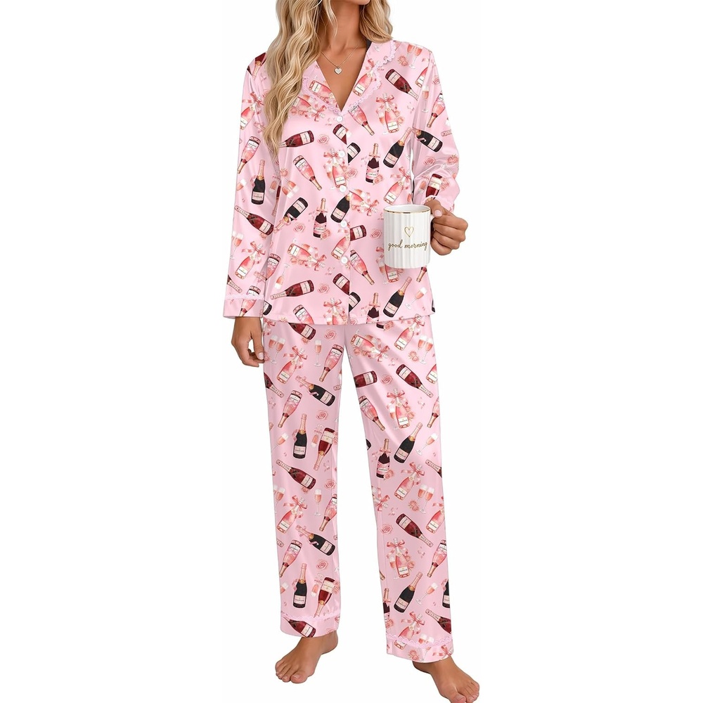 image:imageEkouaer Satin Pajamas for Women Set 2 Piece Silk Pjs Long Sleeve Lounge SetPink Champagne Celebration