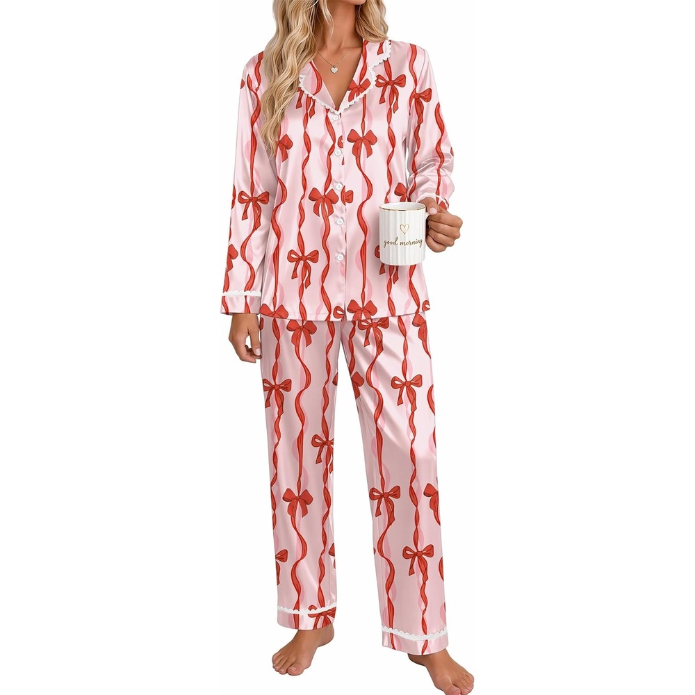 image:imageEkouaer Satin Pajamas for Women Set 2 Piece Silk Pjs Long Sleeve Lounge SetRed Bow Streamers