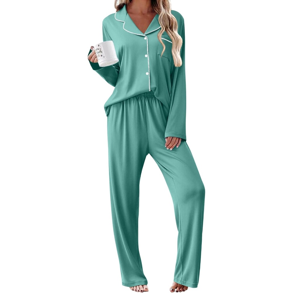 image:imageEkouaer Womens Pajama Sets 2 Piece Long Sleeve Sleepwear Soft Button Up PjsAqua Green