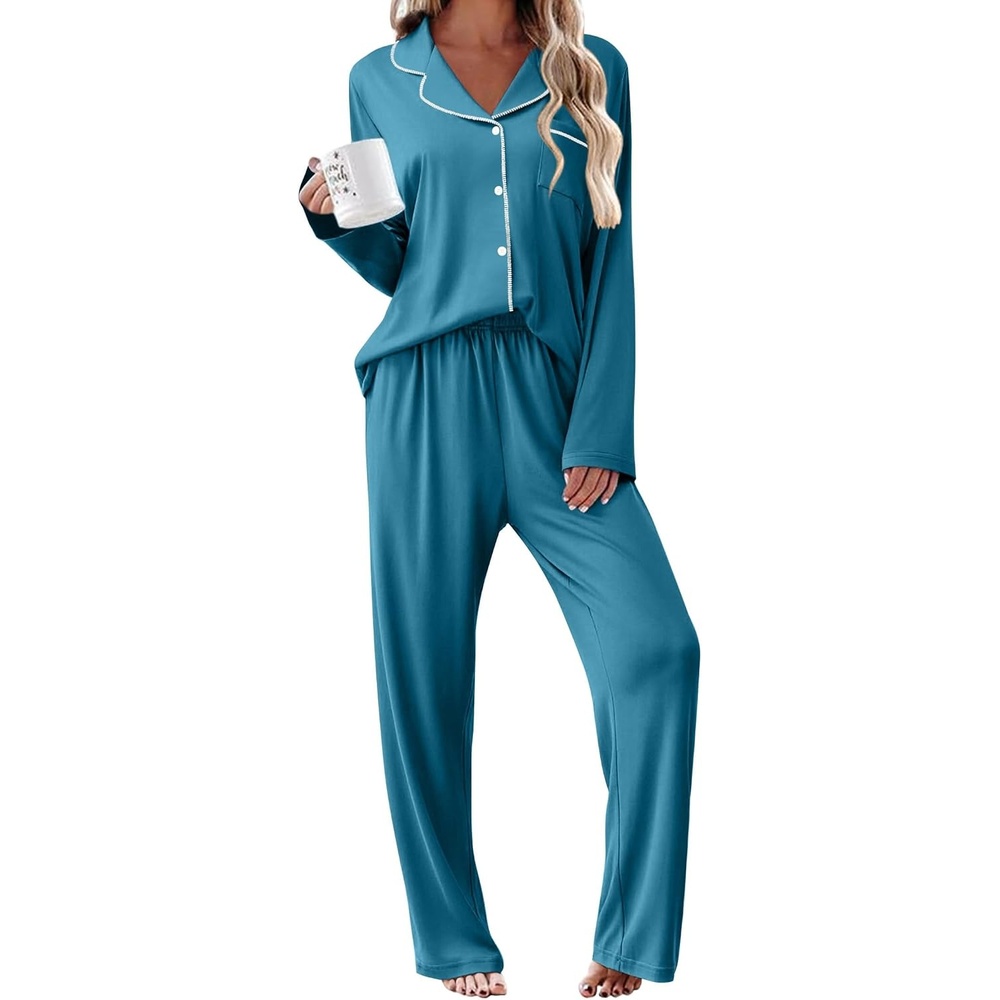 image:imageEkouaer Womens Pajama Sets 2 Piece Long Sleeve Sleepwear Soft Button Up PjsBlue Green