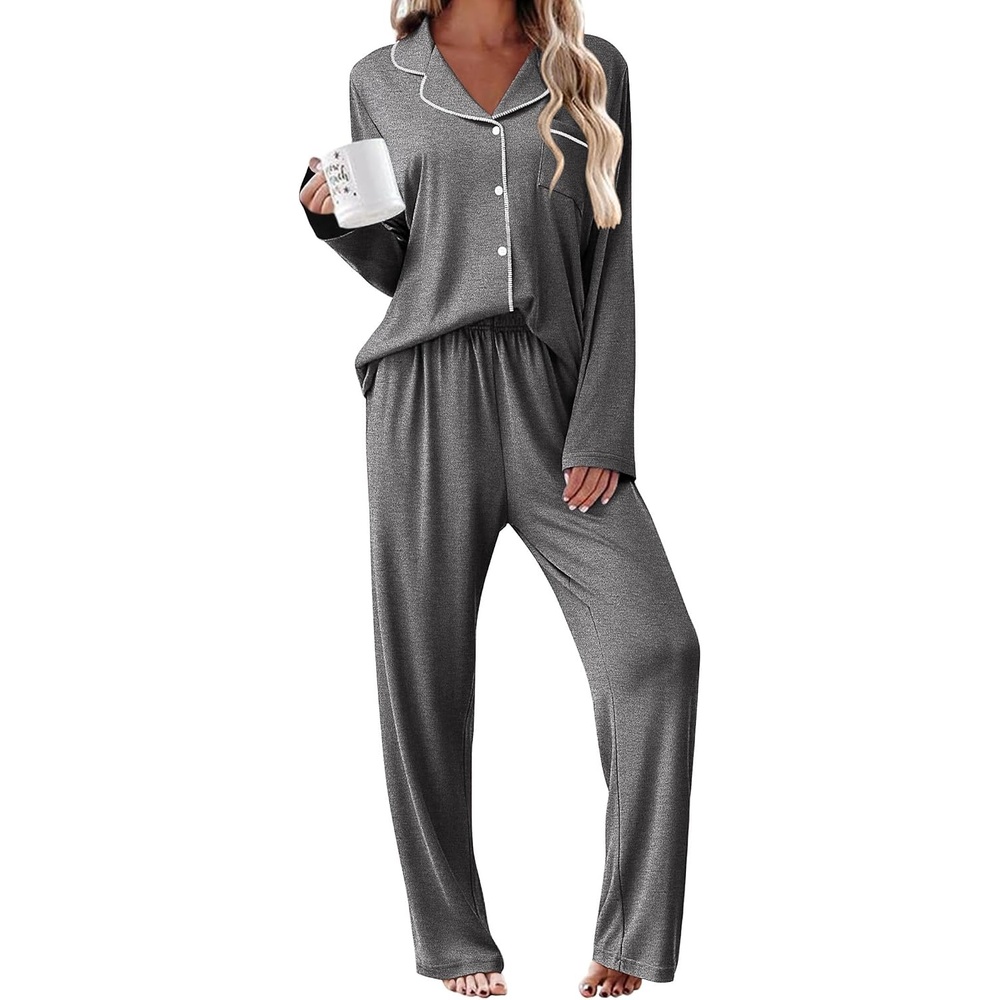 image:imageEkouaer Womens Pajama Sets 2 Piece Long Sleeve Sleepwear Soft Button Up PjsDark Gray