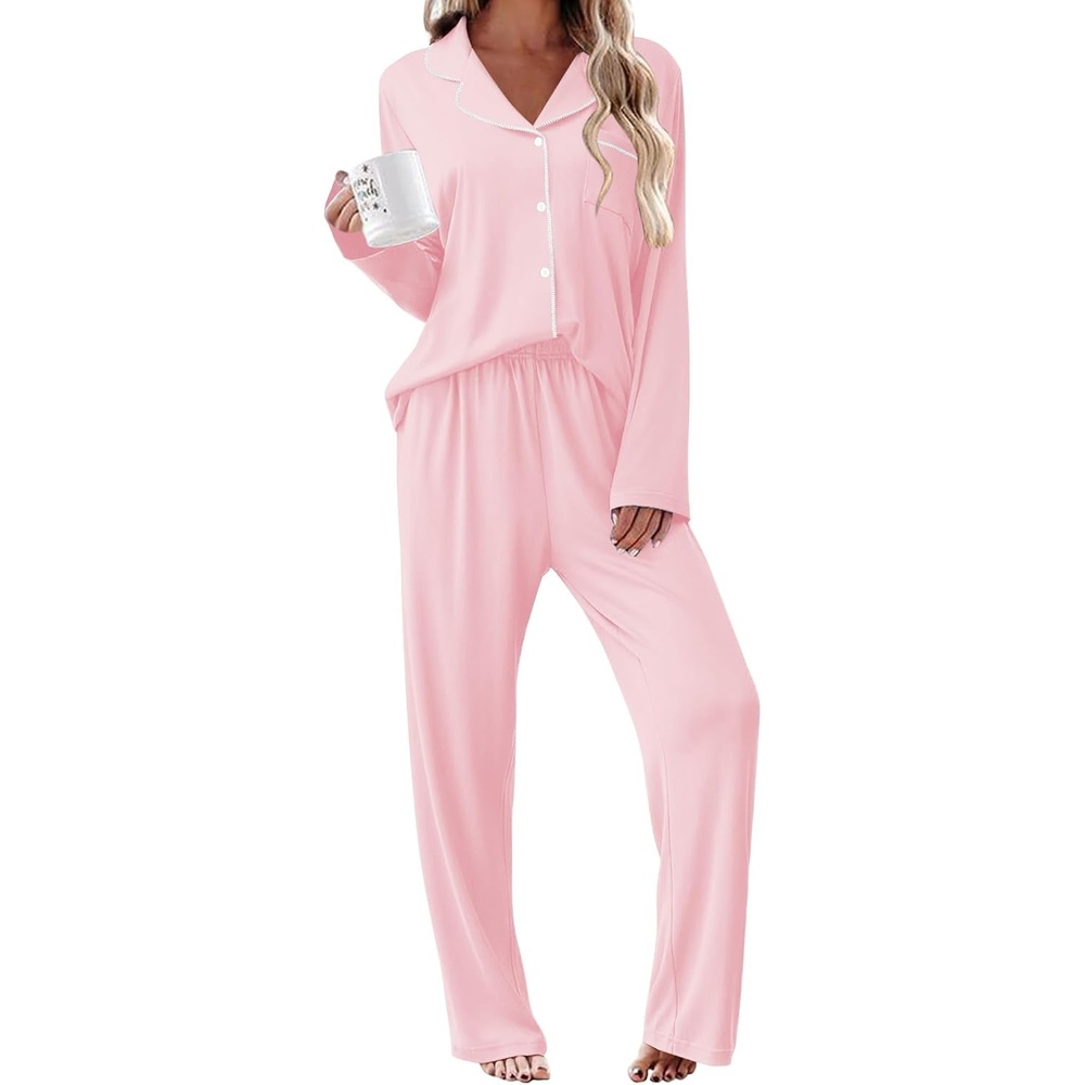 image:imageEkouaer Womens Pajama Sets 2 Piece Long Sleeve Sleepwear Soft Button Up PjsPink