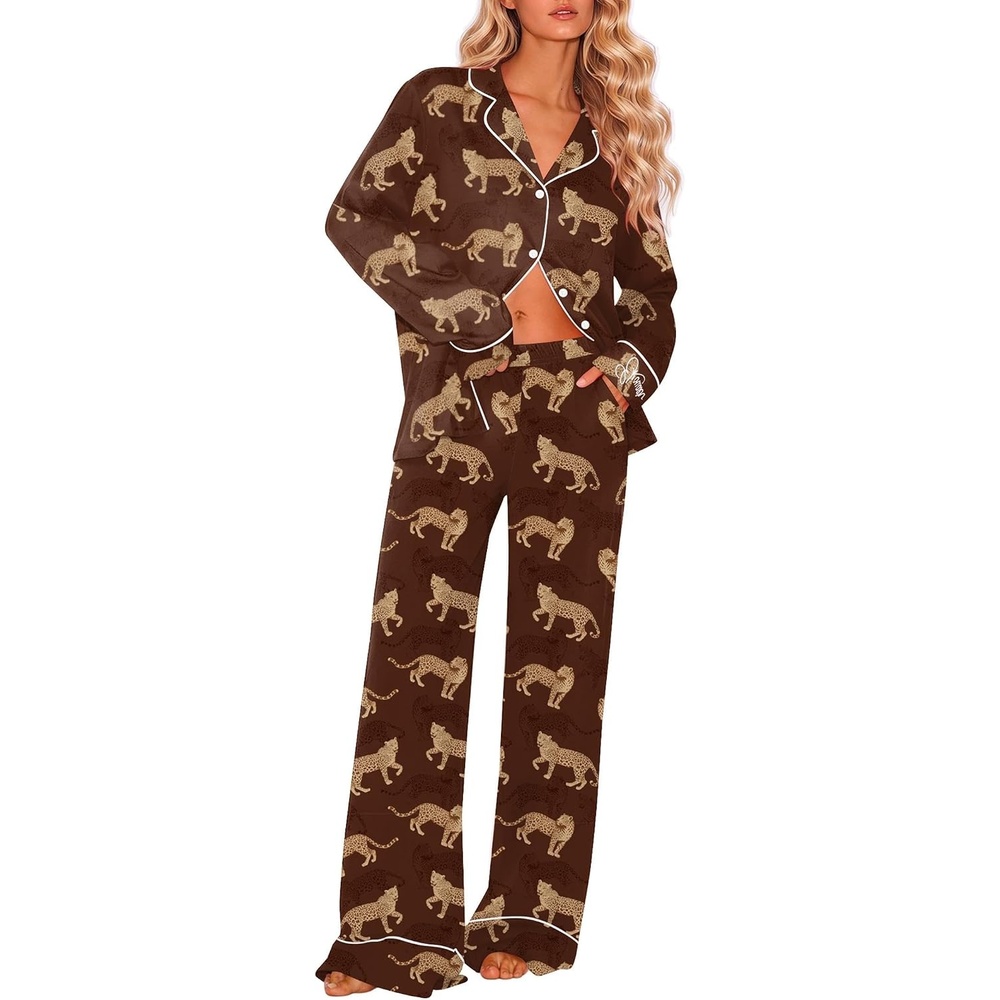 image:imageEkouaer Womens Pajama Sets 2 Piece Lounge Sets Button Down Long Sleeve PjsCheetah
