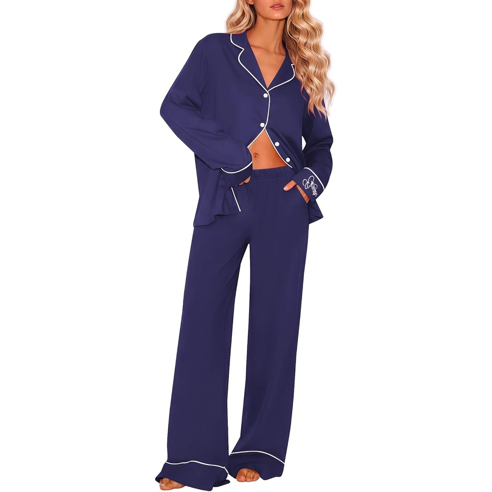 image:imageEkouaer Womens Pajama Sets 2 Piece Lounge Sets Button Down Long Sleeve PjsNavy