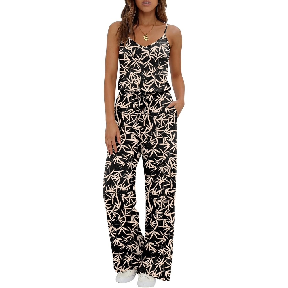 image:imageEkouaer Womens Summer Jumpsuits Dressy V Neck Long Rompers Casual JumperBrown Leaf Black