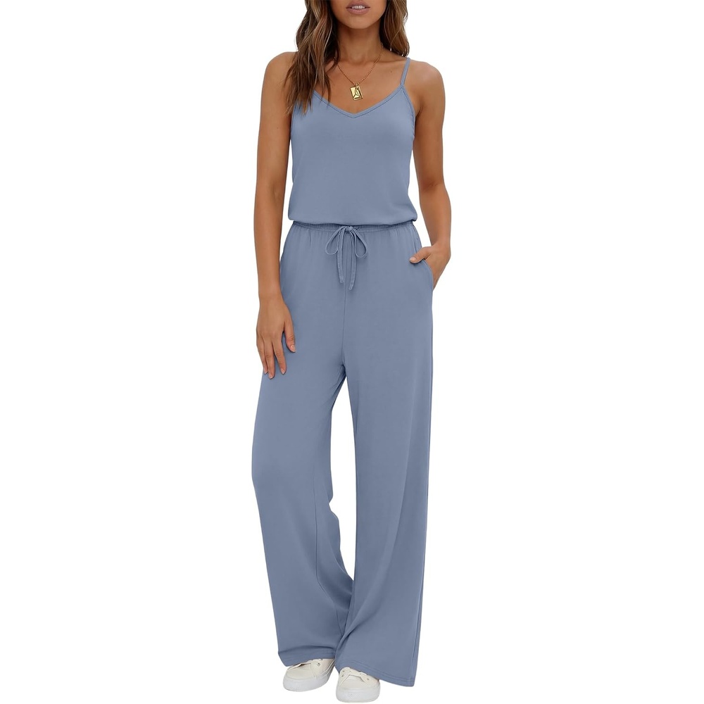 image:imageEkouaer Womens Summer Jumpsuits Dressy V Neck Long Rompers Casual JumperGrey Blue