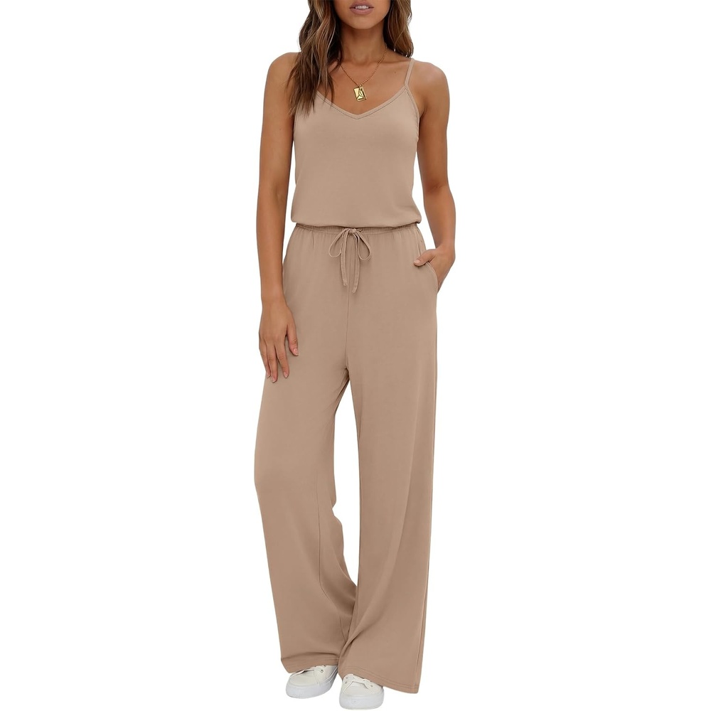image:imageEkouaer Womens Summer Jumpsuits Dressy V Neck Long Rompers Casual JumperKhaki