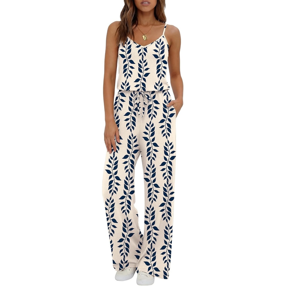 image:imageEkouaer Womens Summer Jumpsuits Dressy V Neck Long Rompers Casual JumperNavyblue Floral Beige